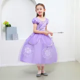 Toddler Girls Purple Princess Pearls Flowers Short Sleeve Mesh Dress