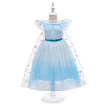 Toddler Girls Blue Sequins Princess Mesh Dress With Cloak