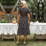 Women's French Floral V-Neck Bubble Short Sleeve Dress