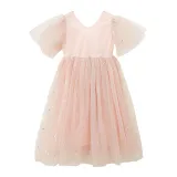 Toddler Girls Silver Stars Moons Mesh V-neck Short Sleeve Tutu Dress