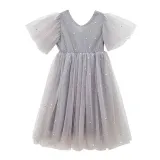 Toddler Girls Silver Stars Moons Mesh V-neck Short Sleeve Tutu Dress