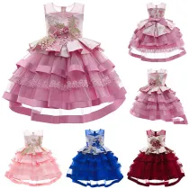 Toddler Girls Floral Embroidery Cupcake Gowns Dress