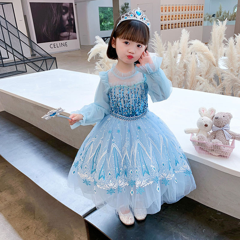 Toddler Girls Sequins Frozen Alsa Princess Long Sleeve Blue Mesh Dress