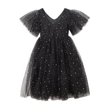 Toddler Girls Silver Stars Moons Mesh V-neck Short Sleeve Tutu Dress