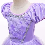 Toddler Girls Purple Princess Pearls Flowers Short Sleeve Mesh Dress