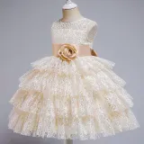 Toddler Girls Bow Tie Flower Lace Mesh Multi-Layers Gowns Dress