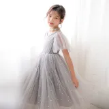 Toddler Girls Silver Stars Moons Mesh V-neck Short Sleeve Tutu Dress