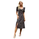 Women's French Floral V-Neck Bubble Short Sleeve Dress