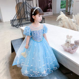 Toddler Girls Sequins Princess Short Sleeve Blue Mesh Dress