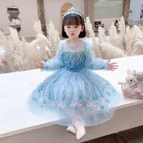 Toddler Girls Sequins Princess Long Sleeve Blue Mesh Dress