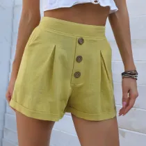 Women's Button Solid Color Wide-Leg Pants Cotton And Linen Shorts