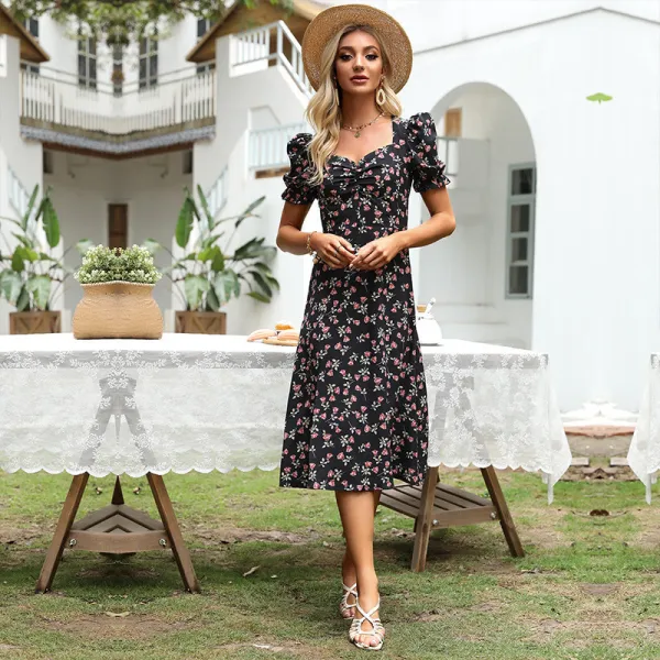 Women's French Floral V-Neck Bubble Short Sleeve Dress