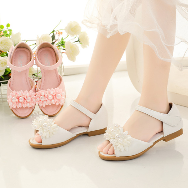 Kid Girl Pearl Flowers Open-Toed Soft Bottom Velcro Sandals Shoes