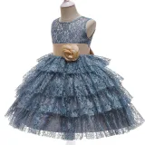 Toddler Girls Bow Tie Flower Lace Mesh Multi-Layers Gowns Dress