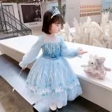 Toddler Girls Sequins Princess Long Sleeve Blue Mesh Dress