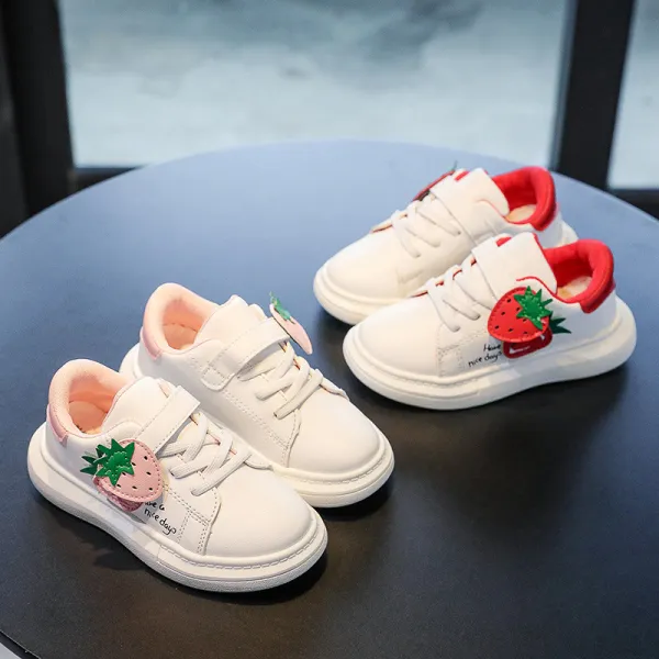 Toddler Kids White Strawberry Flat PU Leather Sports Sneakers Shoes