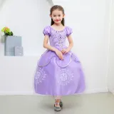 Toddler Girls Purple Princess Pearls Flowers Short Sleeve Mesh Dress