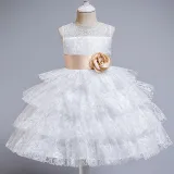 Toddler Girls Bow Tie Flower Lace Mesh Multi-Layers Gowns Dress