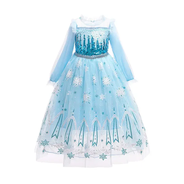 Toddler Girls Sequins Princess Long Sleeve Blue Mesh Dress