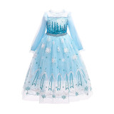 Toddler Girls Sequins Princess Long Sleeve Blue Mesh Dress