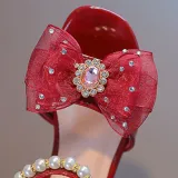 Kids Girl Lace Bowknot Pearl Diamond Open-Toed Sandals Shoes