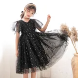 Toddler Girls Silver Stars Moons Mesh V-neck Short Sleeve Tutu Dress