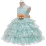 Toddler Girls Bow Tie Flower Lace Mesh Multi-Layers Gowns Dress