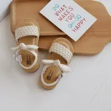 Kid Girl Bowknot Open-Toed Weave Soft Bottom Velcro Sandals Shoes