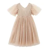 Toddler Girls Silver Stars Moons Mesh V-neck Short Sleeve Tutu Dress