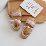 Kid Girl Bowknot Open-Toed Weave Soft Bottom Velcro Sandals Shoes