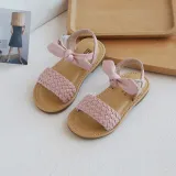 Kid Girl Bowknot Open-Toed Weave Soft Bottom Velcro Sandals Shoes