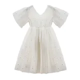 Toddler Girls Silver Stars Moons Mesh V-neck Short Sleeve Tutu Dress
