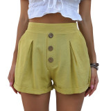 Women's Button Solid Color Wide-Leg Pants Cotton And Linen Shorts