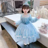 Toddler Girls Sequins Princess Long Sleeve Blue Mesh Dress