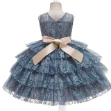 Toddler Girls Bow Tie Flower Lace Mesh Multi-Layers Gowns Dress