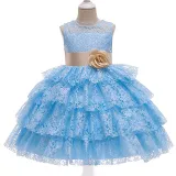 Toddler Girls Bow Tie Flower Lace Mesh Multi-Layers Gowns Dress