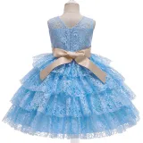 Toddler Girls Bow Tie Flower Lace Mesh Multi-Layers Gowns Dress