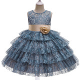 Toddler Girls Bow Tie Flower Lace Mesh Multi-Layers Gowns Dress
