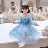 Toddler Girls Sequins Princess Long Sleeve Blue Mesh Dress