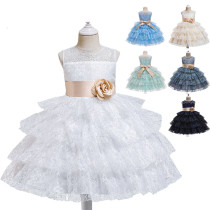 Toddler Girls Bow Tie Flower Lace Mesh Multi-Layers Gowns Dress