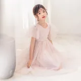 Toddler Girls Silver Stars Moons Mesh V-neck Short Sleeve Tutu Dress