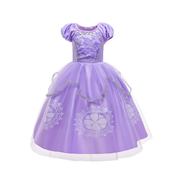 Toddler Girls Purple Princess Pearls Flowers Short Sleeve Mesh Dress