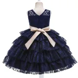 Toddler Girls Bow Tie Flower Lace Mesh Multi-Layers Gowns Dress