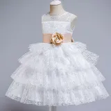 Toddler Girls Bow Tie Flower Lace Mesh Multi-Layers Gowns Dress