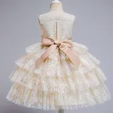 Toddler Girls Bow Tie Flower Lace Mesh Multi-Layers Gowns Dress