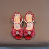 Kids Girl Lace Bowknot Pearl Diamond Open-Toed Sandals Shoes