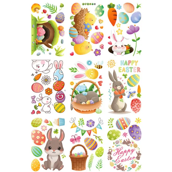 9PCS Easter Window Stickers Rabbit Gnomes Egg Flower Decals Static Clings