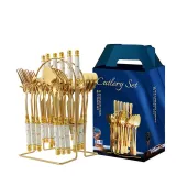 Ceramic 24 Piece Smooth Edge Stainless Steel Tableware Includes Dinner Forks Knives Spoons