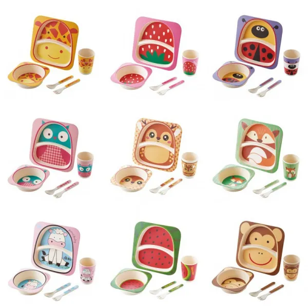 Cartoon Children 5 Pieces Tableware Animal Fruit Model Auxiliary Food Bowl Kindergarten Plates Cups Dowl Spoons Forks