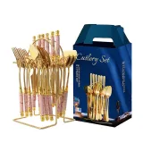 Ceramic 24 Piece Smooth Edge Stainless Steel Tableware Includes Dinner Forks Knives Spoons